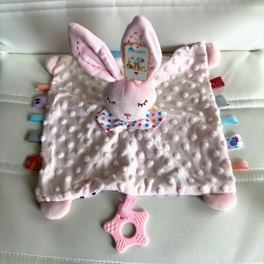 BB Sky Pink Bunny Lovey Security Travel Blanket Plush Minky Dot Teething Ring